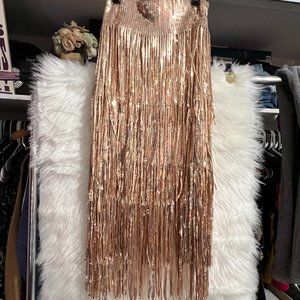NWT! Lulu's Most Radiant Rose Gold Sequin Fringe Midi Skirt, Size XS